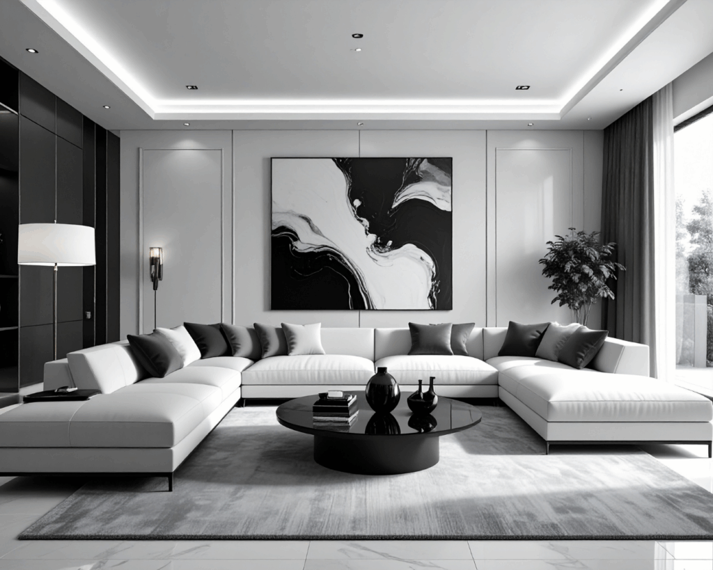 monochrome or black and white living room interior design