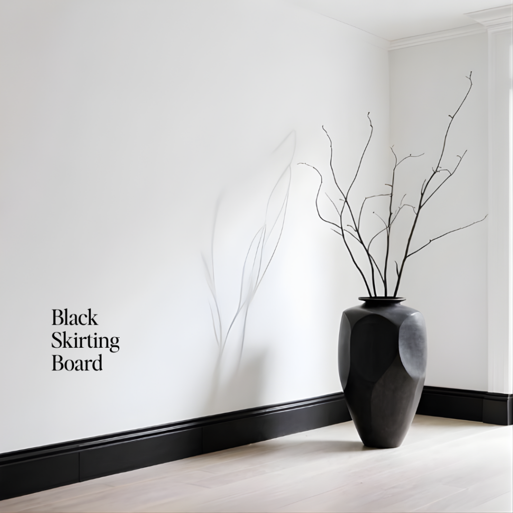 Black Accents Interior Design, Living Room, Monochrome Design, Luxury and Modern Living Room Interior, Black Skirting Board