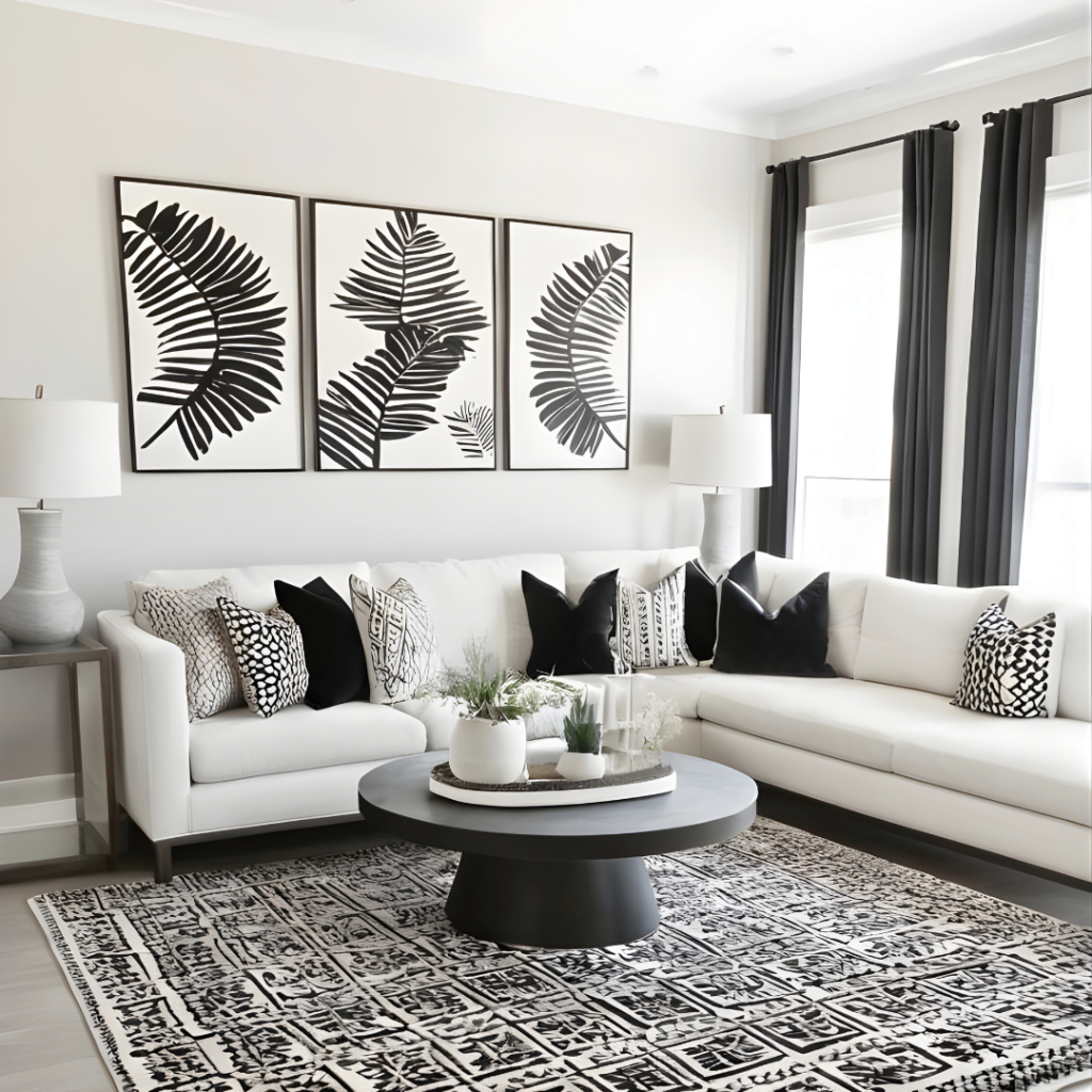 Black Accents Interior Design, Living Room, Monochrome Design, Luxury and Modern Living Room Interior