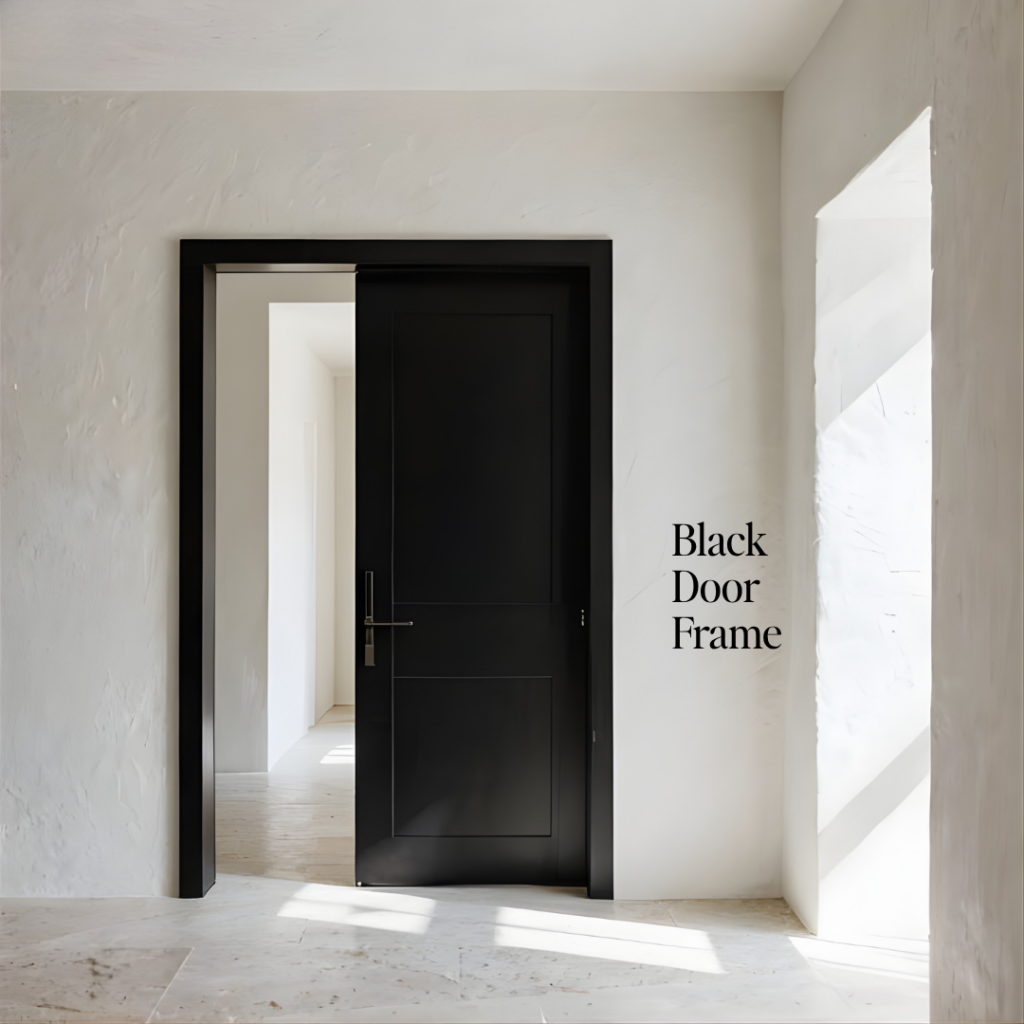Black Accents Interior Design, Living Room, Monochrome Design, Luxury and Modern Living Room Interior, Black Door Frame