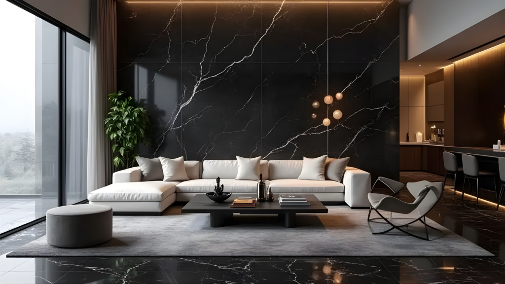 Black Accents Interior Design, Living Room, Monochrome Design, Luxury and Modern Living Room Interior
