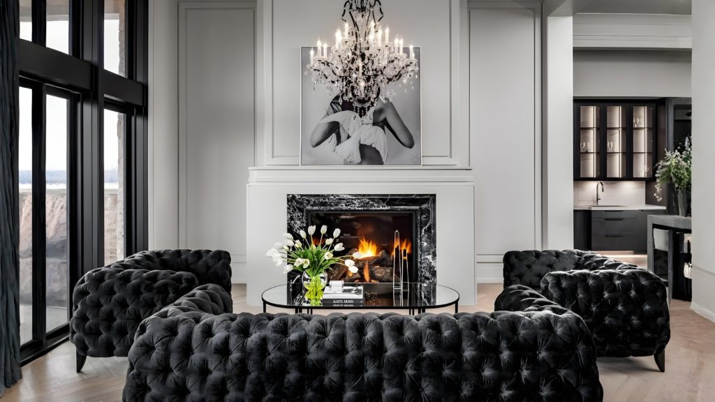 Black Accents Interior Design, Living Room, Monochrome Design, Luxury and Modern Living Room Interior