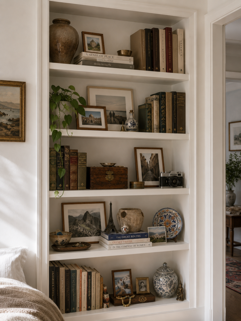 Built-in bookshelf styled with vintage books, framed travel photos, ceramics, and collected decor pieces that show how to add personality to a home through meaningful styling, layered textures, and timeless personal touches.