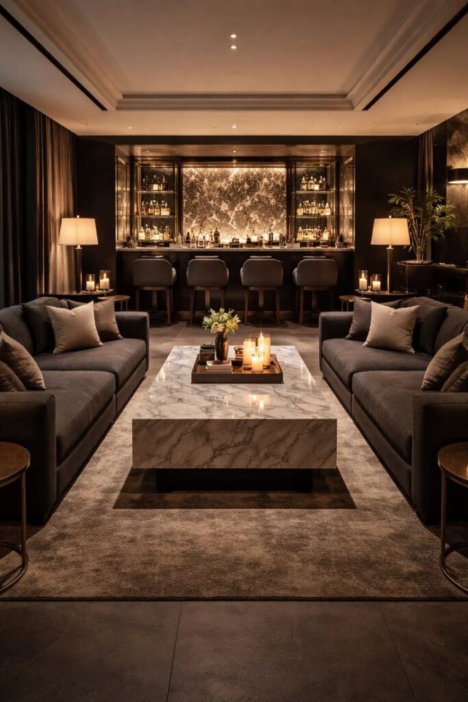 Moody luxury lounge with deep charcoal seating, marble coffee table, candlelit styling, and a sophisticated backlit bar, showing how to add personality to a home through rich textures, ambient lighting, and intimate entertaining spaces.