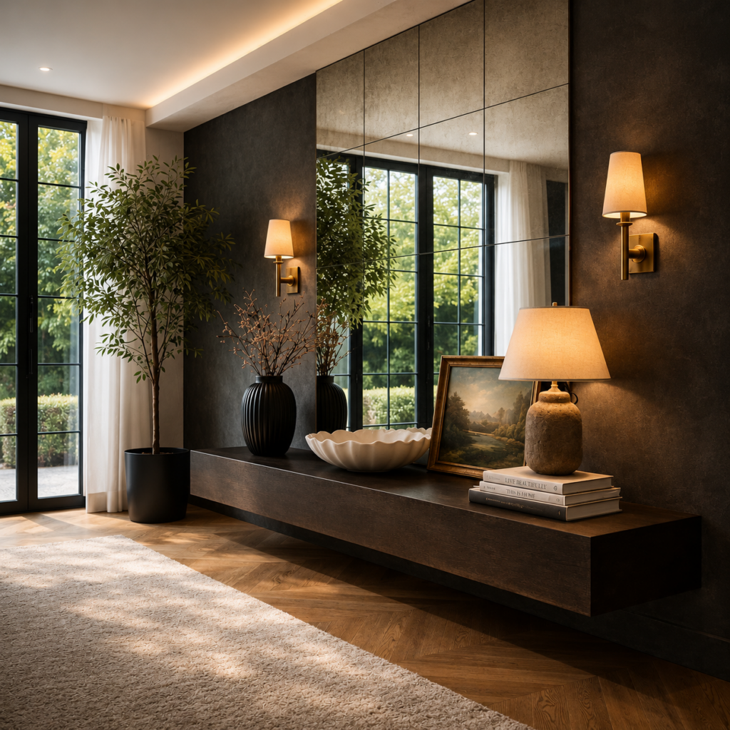 Floating console and mirror vignette, Heather Robinson Designs. Is Summer the Best Time to Renovate?, Arizona Luxury Interior Design Studio 